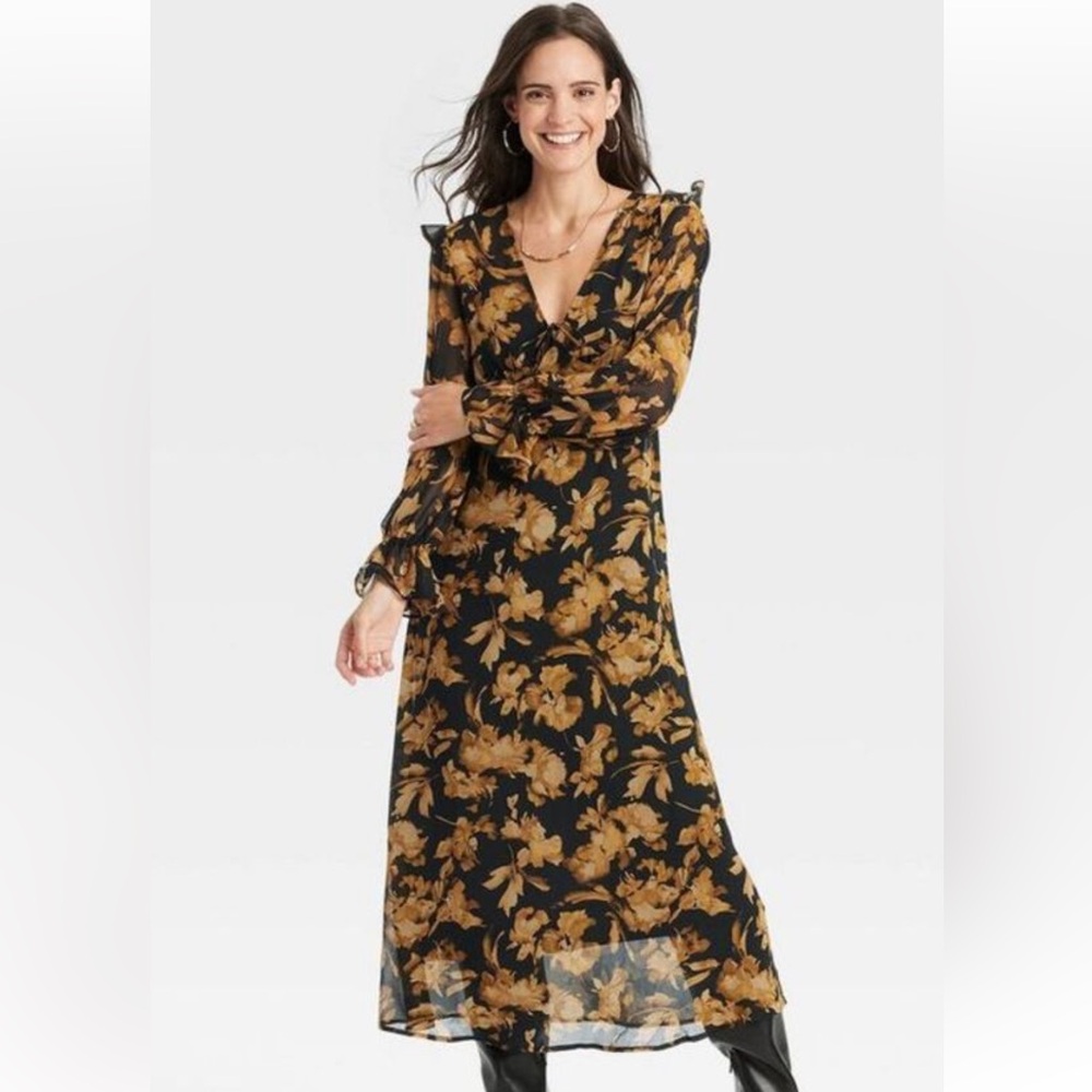 a new day Black and Gold Floral Long Sleeve Dress